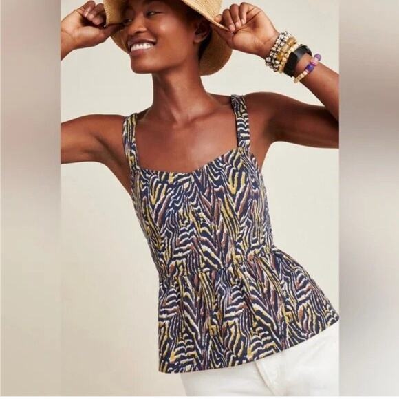 Anthropologie Top Women Medium Jaime Animal Print Peplum Tank Boho Indie - Picture 2 of 14